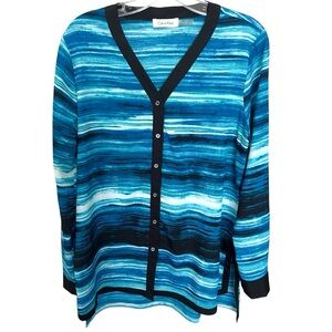 Calvin Klein Oceanic Blue Striped V-neck Long Sleeve Button Front Blouse No Size